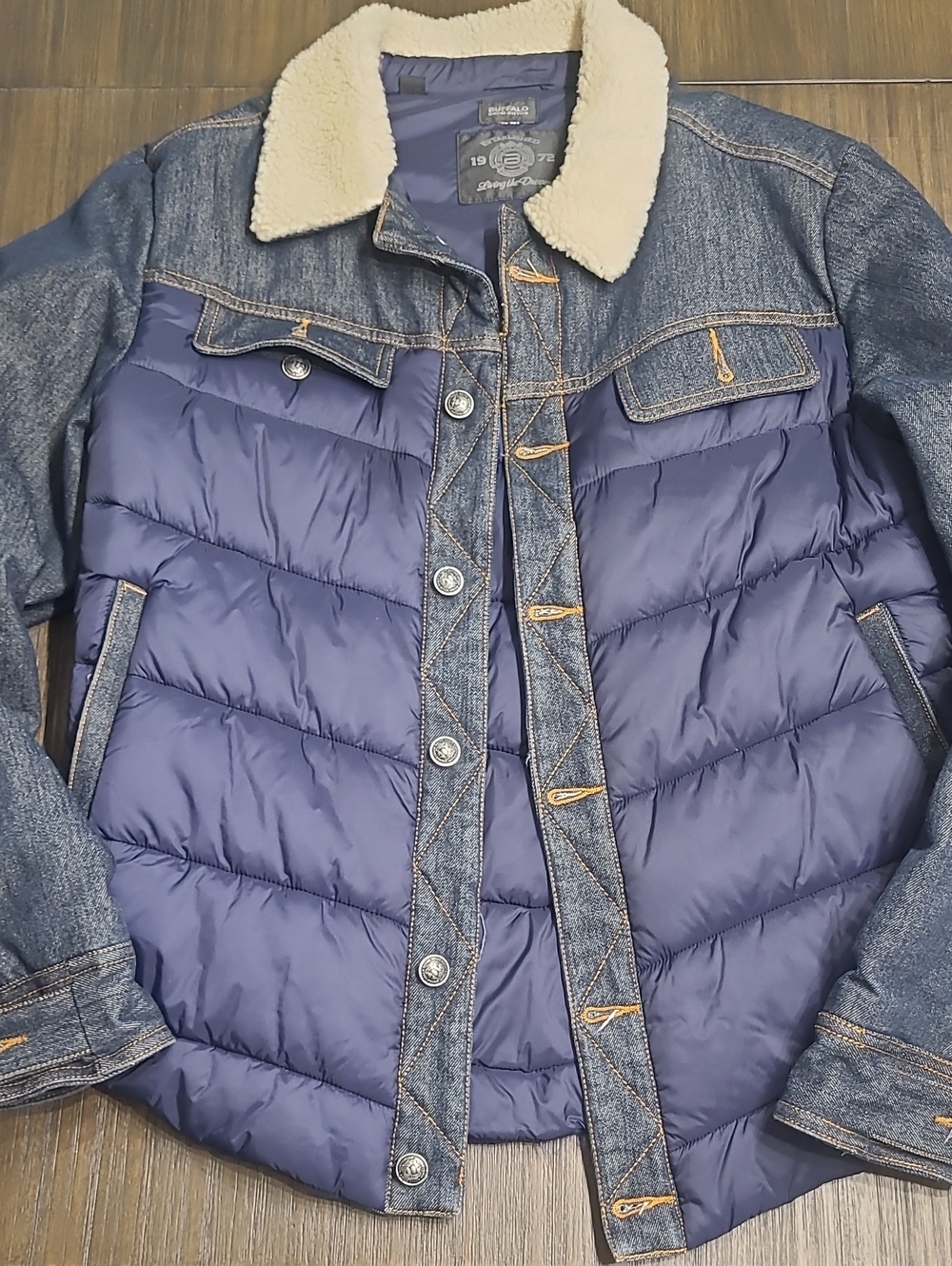 Buffalo David Bitton Blue Puffer Denim Jacket with Sherpa Collar